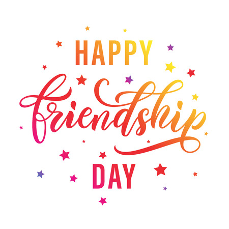 Happy Friendship Day festive calligraphic lettering. Friends greeting card. Color stars pattern on white background.のイラスト素材