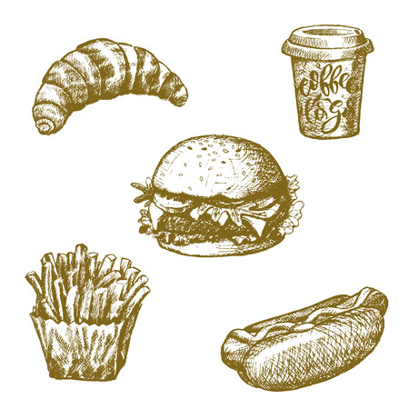 Fast food sketch. Cheeseburger, hot dog, hamburger, french fries, croissant, burger, sandwich, milkshake, soda drink. Snacks and desserts isolated pencil drawn iconsのイラスト素材
