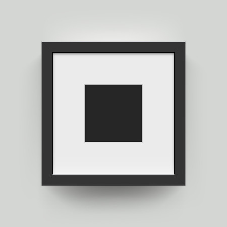 Square blank picture frame for photographs. Vector realisitc paper or plastic white picture-framing mat with wide black borders shadow. Isolated picture frame mockup template on wall backgroundのイラスト素材