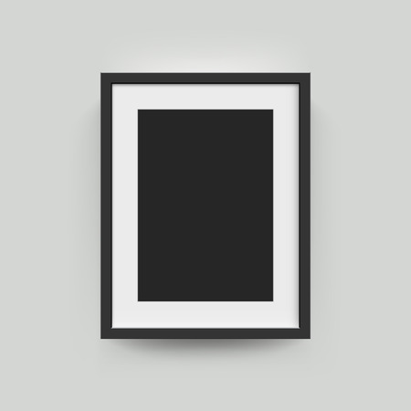 Picture frame for photographs. Vector realisitc paper or plastic white picture-framing mat with wide black borders shadow. Isolated picture frame A3, A4 vertical mockup template on grayのイラスト素材