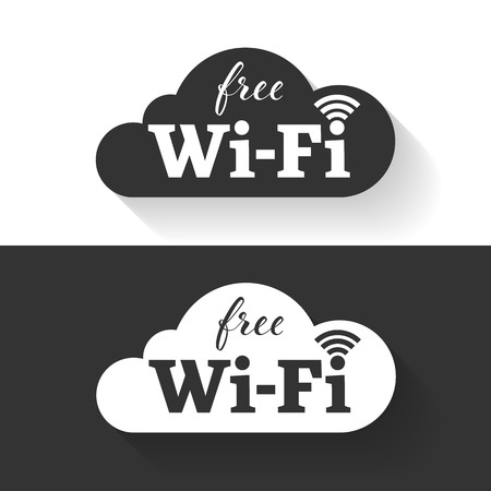 Free wifi icon in cloud shape. Vector wifi sticker sign with black and white backgroundのイラスト素材