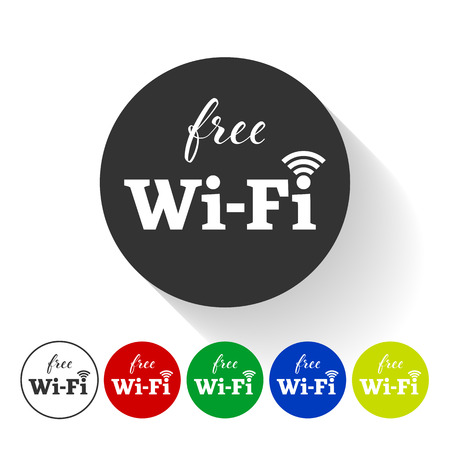 Free wifi round sticker. Vector wireless wlan icon with signal element. Free wifi hotspot tag in black, white, green, red, blue, yellow colors with shadowのイラスト素材
