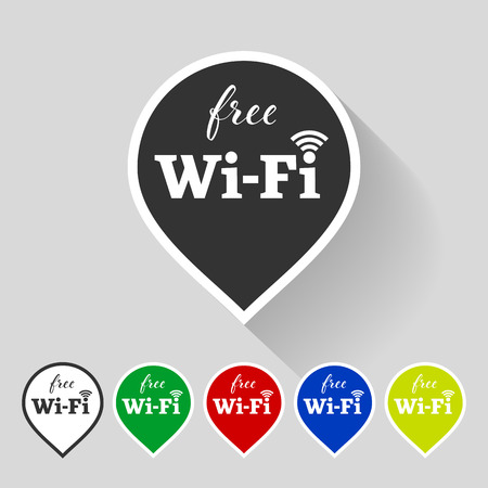 Free wifi bubble sticker. Vector navigation wireless hotspot icon with signal element. Wifi wlan tag in black, white, green, red, blue, yellow colors with shadowのイラスト素材