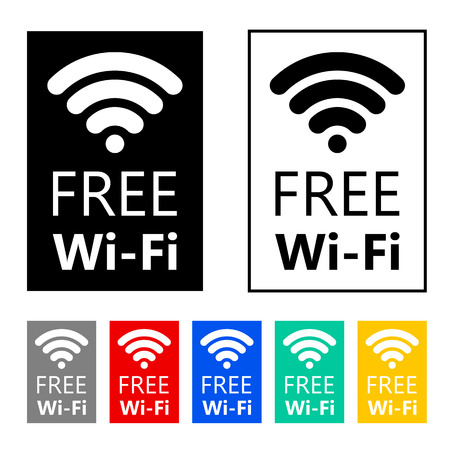 Free wifi icon symbol. Vector wifi sign with orange, red, green, blue and black wave signal iconsのイラスト素材
