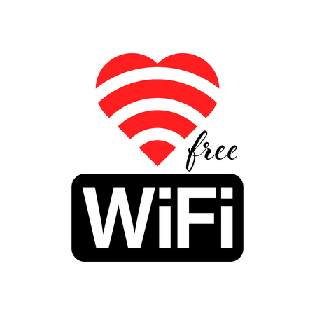 Free wifi vector symbol with wireless signal in red heart shape. Free wifi hotspot tag in black and red colorのイラスト素材