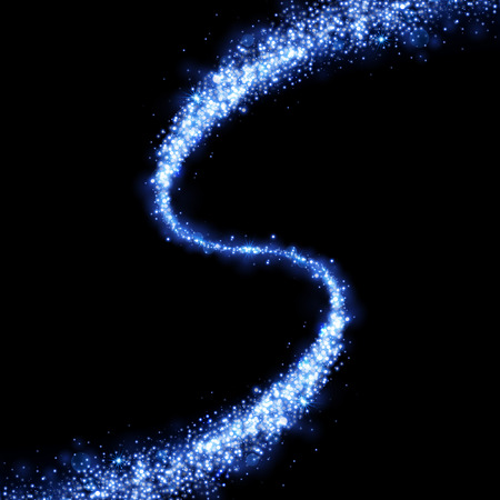 Blue glittering star dust trail sparkling particles on black background. Glowing magic space comet tail. Vector glamour fashion decorationのイラスト素材