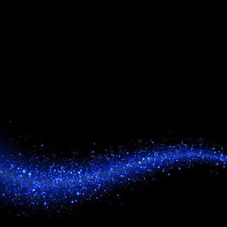 Abstract blue glowing glittering wave of star dust. Blue diamond shining magic particles spay on black backgroundのイラスト素材