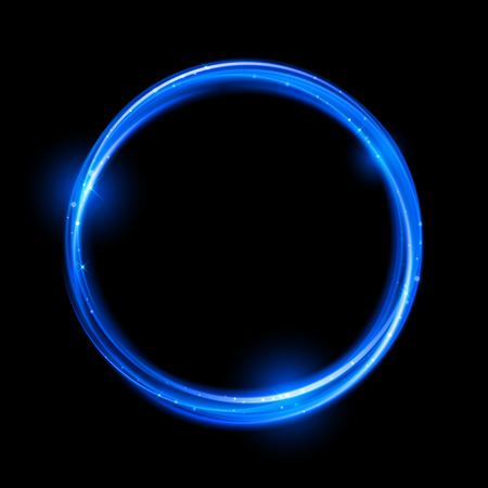 Blue neon magic glowing light. Glow swirl effect wave. Glitter magic sparkle swirl trail effect on transparent background. Bokeh glitter round wave line with flying sparkling flash lightsのイラスト素材