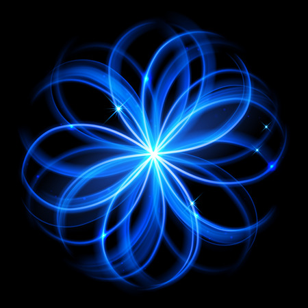Vector blue magic glowing light flowery swirl with trail trace effect on black background. Blue neon glitter fire spark spiral wave line with flying sparkling flash lighsのイラスト素材