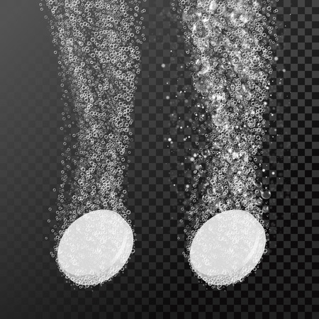 Effervescent soluble tablet pills. Sparkling water bubbles trails. Vitamin C or acetylsalicylic acid pill fizzy trace falling down in water on transparent backgroundのイラスト素材
