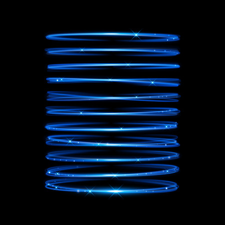 Vector light neon circle effect. Glowing blue ring trace. Glitter magic sparkle swirl trail effect on transparent background. Bokeh glitter round wave line with flying sparkling flash lightsのイラスト素材