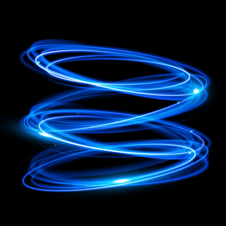 Vector neon circle light tracing effect. Glowing magic blue ring trace. Glitter sparkle swirl trail effect on black background. Bokeh glitter round ellipse line with flying sparkling flash lightsのイラスト素材