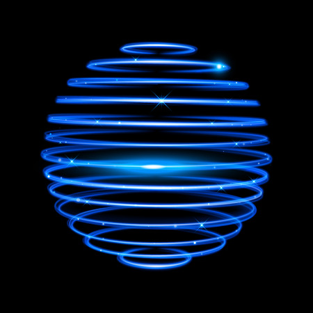 Vector blue neon sphere circles light train effect. Glowing atom structure with magic neon ring trace. Glitter sparkle swirl trail effect on black backgroundのイラスト素材
