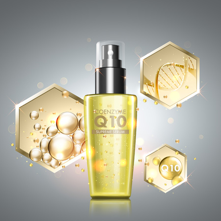 Gold oil serum skincare treatment. Honeycomb elements with precious oil, coenzyme Q10 and DNA helix across cosmetic bottle. Anti-aging treatment solution on premium backgroundのイラスト素材
