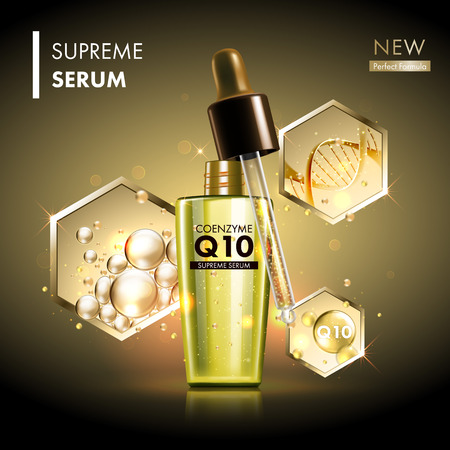 Coenzyme Q10 serum essence golden drops with dropper. Skin care collagen hyaluronic moisture formula treatment with honeycomb design elements. Anti-age DNA helix protection and lifting solutionのイラスト素材
