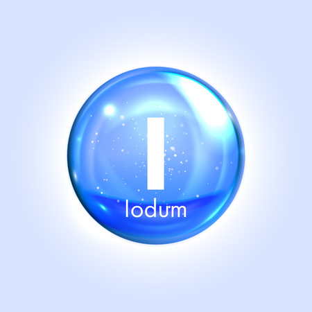 Iodum, iodine mineral blue icon. Vector 3D glossy drop pill capsule. Mineral and vitamin complex. Healthy life medical and dietary supplementのイラスト素材