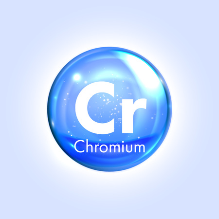 Chromium, chrome mineral blue icon. Vector 3D glossy drop pill capsule. Mineral and vitamin complex. Healthy life medical and dietary supplementのイラスト素材