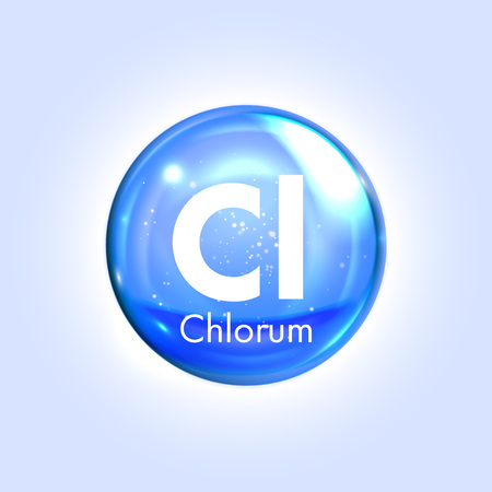 Chlorum, chlorine mineral blue icon. Vector 3D glossy drop pill capsule. Mineral and vitamin complex. Healthy life medical and dietary supplementのイラスト素材