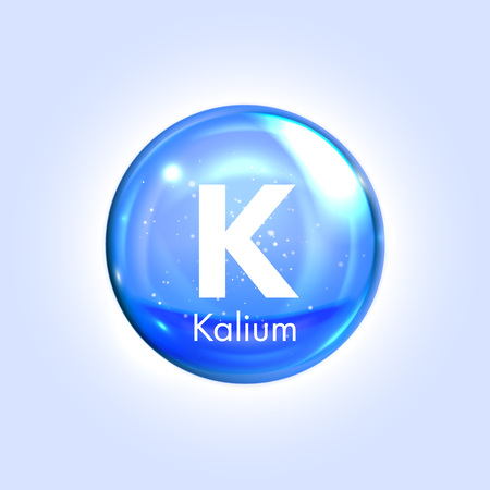 Kalium, potassium mineral blue icon. Vector 3D glossy drop pill capsule. Mineral and vitamin complex. Healthy life medical and dietary supplementのイラスト素材