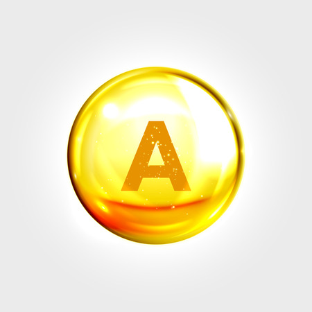 Vitamin A gold icon. Retinol vitamin drop pill capsule. Shining golden essence droplet. Beauty treatment nutrition skin care design. Vector illustrationのイラスト素材