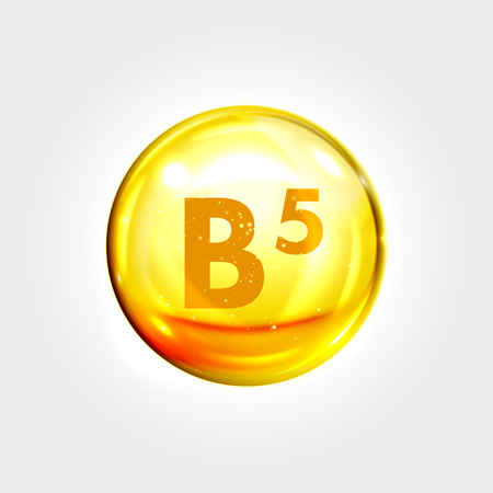 Vitamin B5 gold icon. Pantothenic acid vitamin drop pill capsule. Shining golden essence droplet. Beauty treatment nutrition skin care design. Vector illustrationのイラスト素材