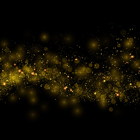Gold glittering star dust trail sparkling particles on black background. Space comet tail. Vector glamour fashion illustrationのイラスト素材
