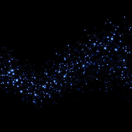 Neon blue glittering star dust trail sparkling particles on black background. Space comet tail. Vector glamour fashion illustrationのイラスト素材