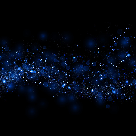 Neon blue glittering star dust trail sparkling particles on black background. Space comet tail. Vector glamour fashion illustrationのイラスト素材