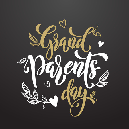Happy Grandparents Day artisitc lettering for grandfather, grandmother greeting card. Hand drawn vector calligraphy. Floral leaves and hearts pattern poster.のイラスト素材