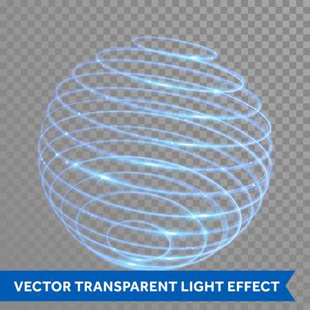 Vector blue neon sphere circles light train effect. Glowing atom structure with magic neon ring trace. Glitter sparkle swirl trail effect on transparent backgroundのイラスト素材