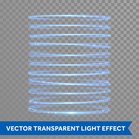 Vector light neon circle effect. Glowing blue ring trace. Glitter magic sparkle swirl trail effect on transparent background. Bokeh glitter round wave line with flying sparkling flash lightsのイラスト素材