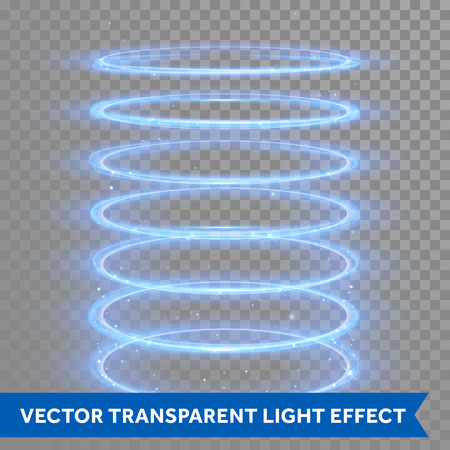 Vector neon light circle in motion. Glowing blue ring trace. Glitter magic sparkle swirl trail effect on transparent background. Glitter round wave line with flying sparkling flash lightsのイラスト素材