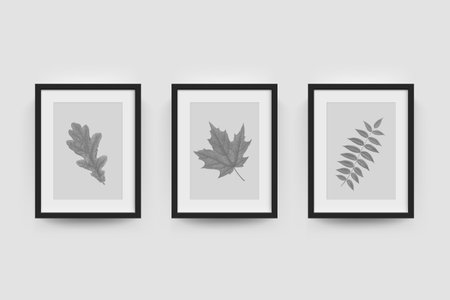Picture frame with autumn leaf photograph. Vector realisitc paper plastic white picture-framing mat...