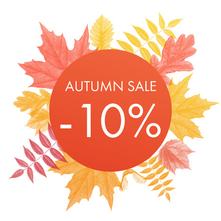 10 percent autumn sale circle banner. Vector discount offer placard with autumn red maple, orange oak, yellow rowan leaf foliage on white backgroundのイラスト素材
