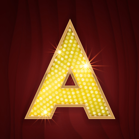 Gold light lamp bulb letter A. Sparkling lightning glitter shine alphabet for light board. Broadway show glowing shining golden alphabet letter. Chicago musical cabaret styleのイラスト素材
