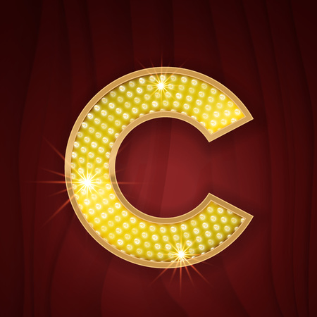 Gold light lamp bulb letter C. Sparkling lightning glitter shine alphabet for light board. Fashion stylish glowing shining golden alphabet letterのイラスト素材