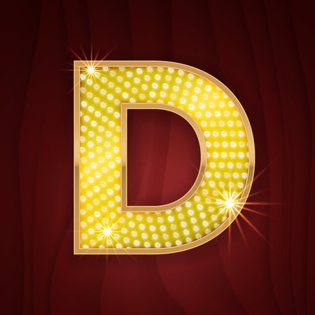 Gold light lamp bulb letter D. Sparkling lightning glitter shine alphabet for light board. Broadway chicago musical glowing shining golden alphabet letterのイラスト素材