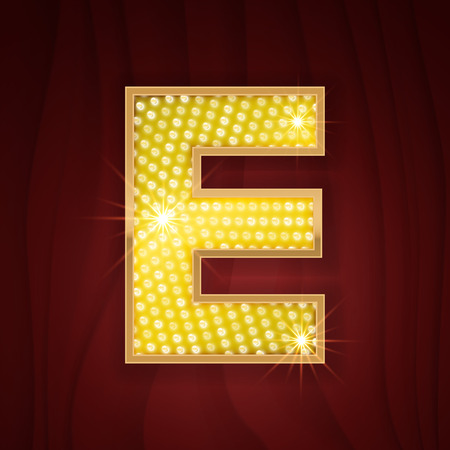 Gold light lamp bulb letter E. Sparkling lightning glitter shine alphabet for light board. Fashion show, nightclub stylish glowing shining golden alphabet letterのイラスト素材