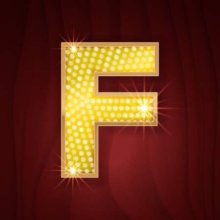 Gold light lamp bulb letter F. Fashion showcase, catwalk podium backdrop emblem. Glowing shining golden alphabet letterSparkling lightning glitter shine alphabet for light board.のイラスト素材