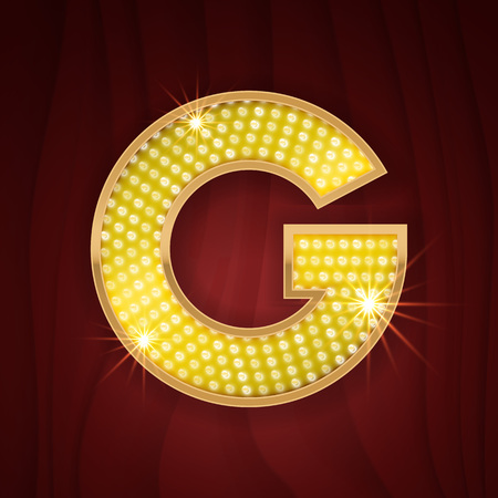 Gold light lamp bulb letter G. Las Vegas Casino sparkling lightning glittering alphabet. Rich glitz fashion stylish glowing shining golden alphabet letterのイラスト素材