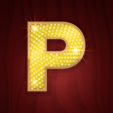 Gold light lamp bulb letter P. Las Vegas Show sparkling lightning glitter shine alphabet for light board. Fashion stylish glowing shining golden alphabet letterのイラスト素材