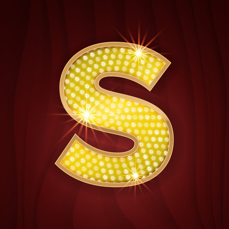Gold light lamp bulb letter S. Broadway burlesque cabaret sparkling lightning glittering alphabet. Las Vegas Casino glowing shining golden alphabet letterのイラスト素材