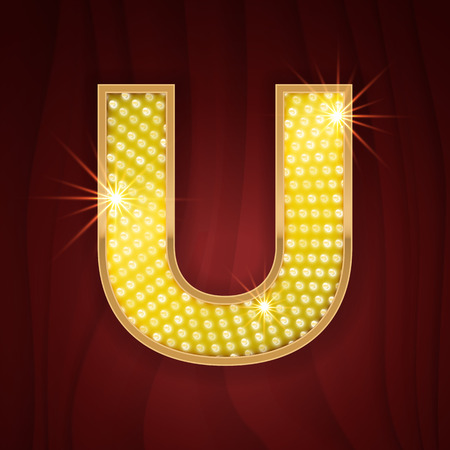 Gold light lamp bulb letter U. Glamorous nightclub decoration letter. Sparkling lightning glitter shine alphabet for light board. Fashion stylish glowing shining golden alphabet letterのイラスト素材