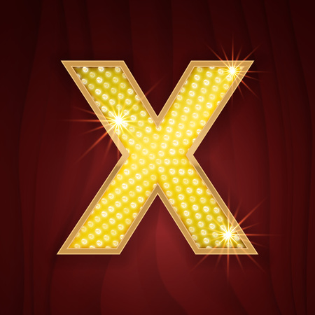 Gold light lamp bulb letter X. Luxury red carpet show ceremony. Sparkling lightning glitter shine alphabet for light board. Fashion stylish glowing shining golden alphabet letterのイラスト素材
