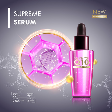 Skin cell moisture essence with coenzyme Q10. Face slin care collagen oil serum essence with DNA helix. Honeycomb cellのイラスト素材