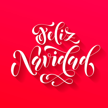 Feliz Navidad modern lettering for Spanish Merry Christmas greeting holiday card. Vector hand drawn festive text for banner, poster, invitation on red background.のイラスト素材