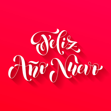 Feliz Ano Nuevo white modern lettering for Spanish Happy New Year greeting holiday card. Vector hand drawn festive text for banner, poster, invitation on red background.のイラスト素材