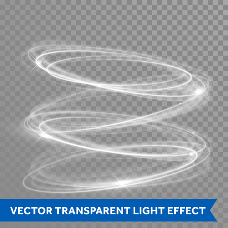 Vector light effect circle spiral. Glowing white light ring trace in motion. Dynamic glitter magic sparkle swirl trail on transparent background. Glitter neon round wave of sparkling flash lightsのイラスト素材