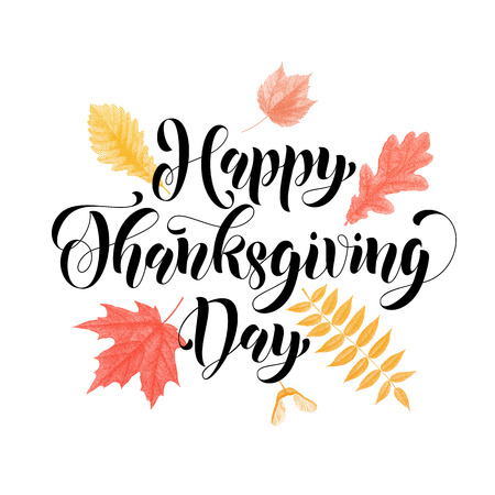 Happy Thanksgiving Day greeting card, vector poster. Traditional autumn holiday celebration for american and canadian thanksgiving sale. Maple, oak leaves, acorn. Food plenty harvest festivalのイラスト素材