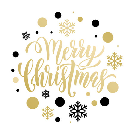 Merry Christmas gold glitter lettering design. Christmas greeting card, poster, banner. Vector golden glittering snow, snowflakes, black dots on white backgroundのイラスト素材